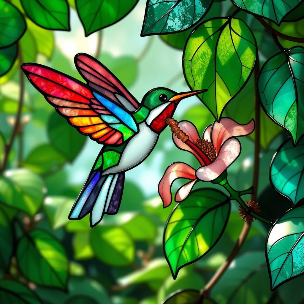 Stained Glass Hummingbird with Hibiscus Flower
