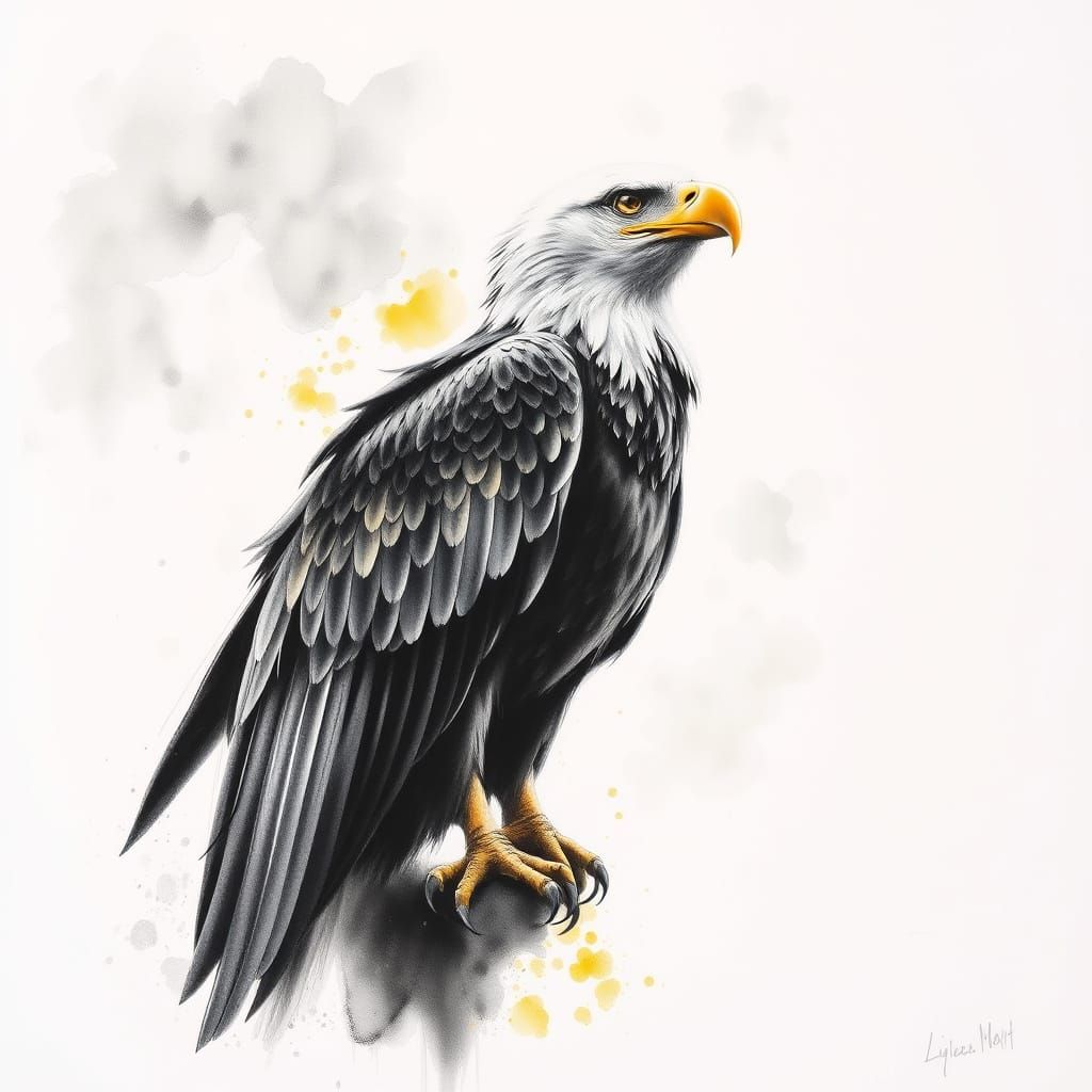 Eagle in Black, White and Yellow: Lithograph Style