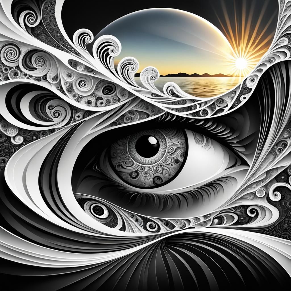 Woman Gazing at Lake with Abstract Fractal Elements