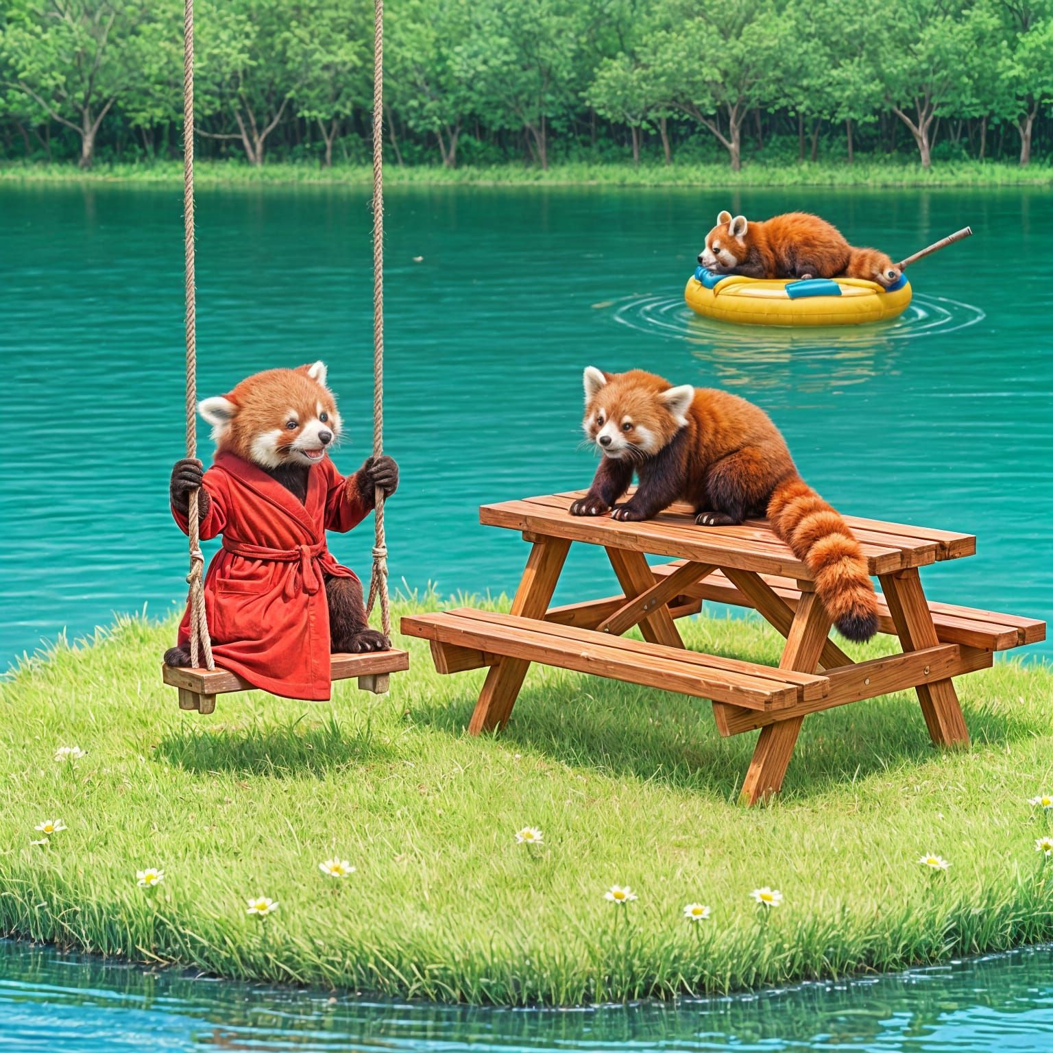 Red Pandas Enjoying a Lakeside Picnic and Play