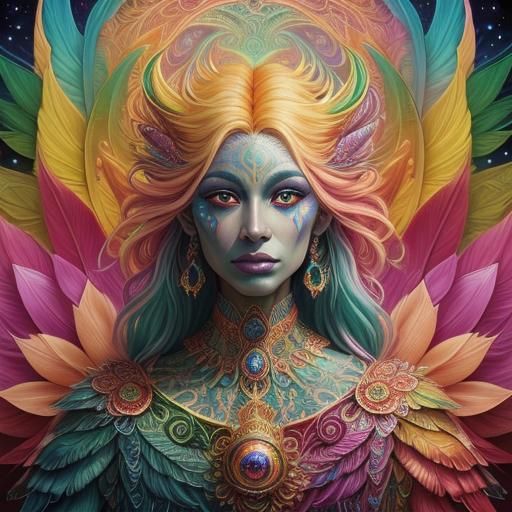 Dragon Peacock Woman in Vibrant Astral Visionary Art