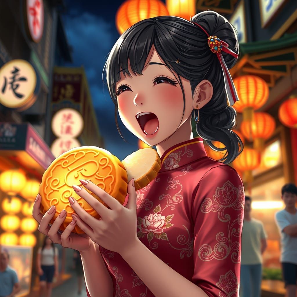 Girl in Cheongsam Eating Mooncake in Bangkok
