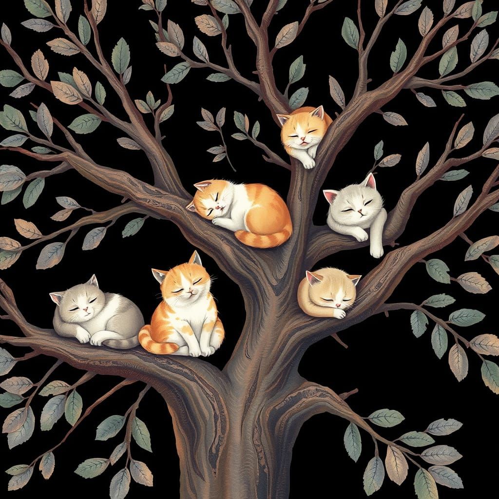 Whimsical Cats Relax in Oak Tree Watercolor