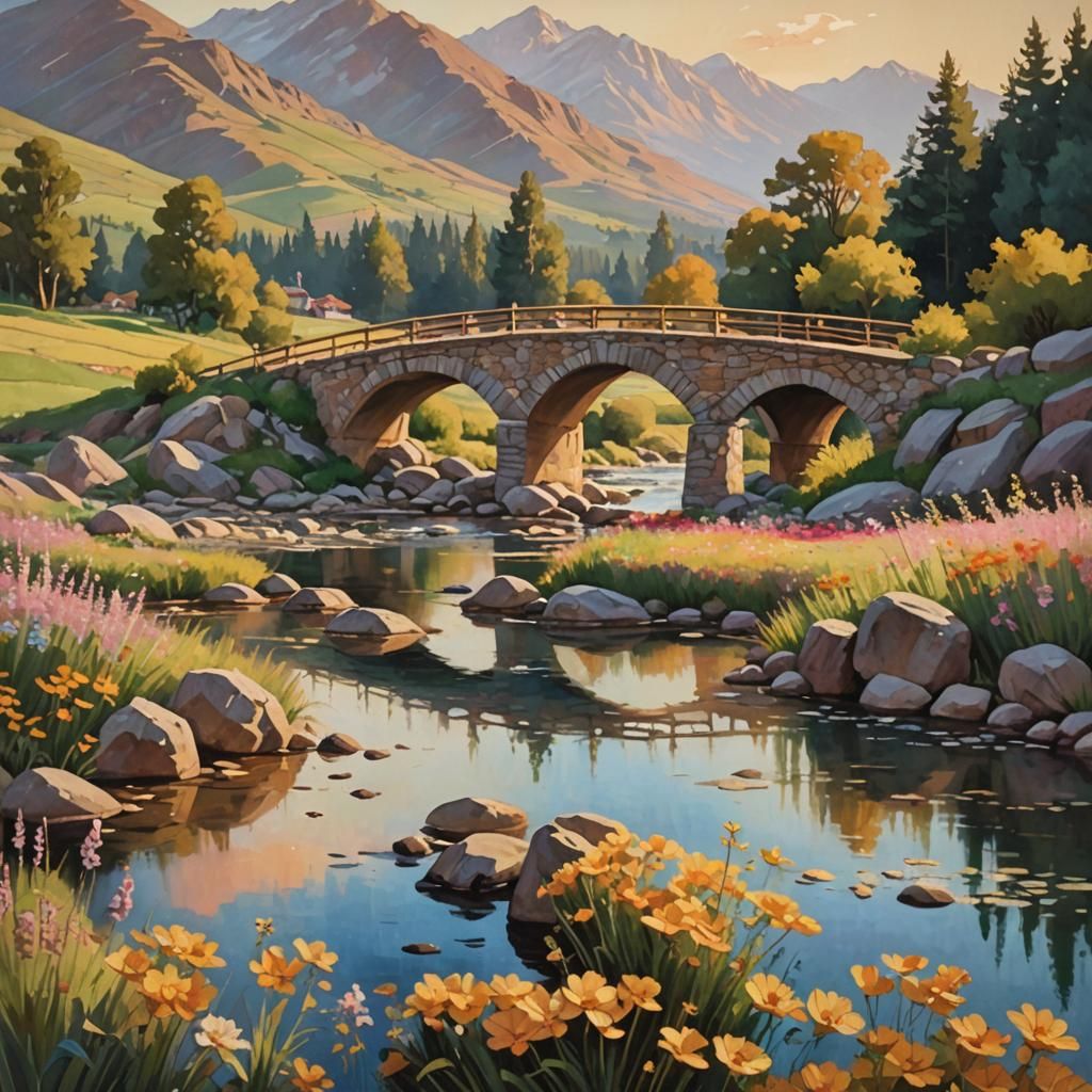 Impressionist Bridge at Sunset in Oil on Canvas