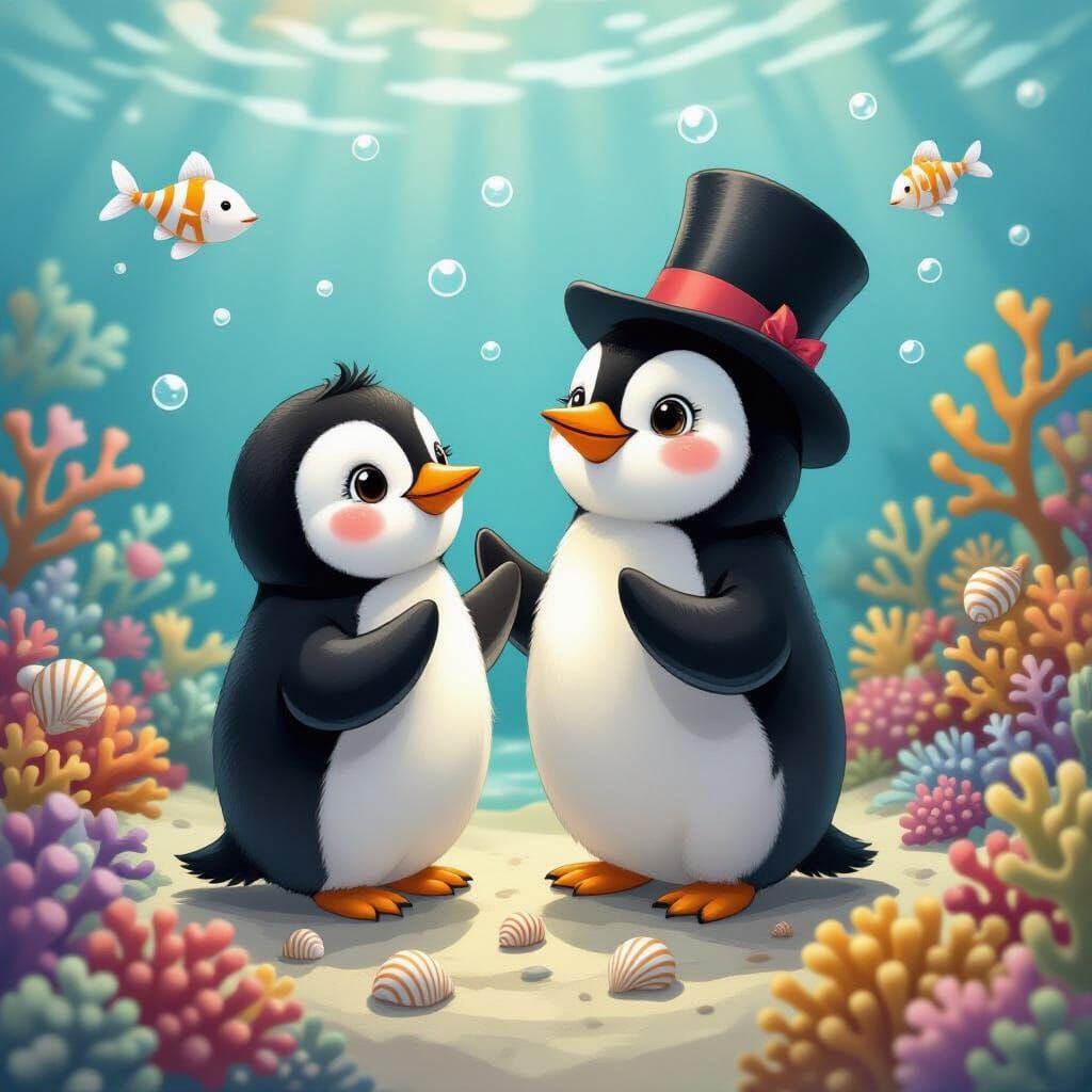 Penguin Conducts Seashell Orchestra on Coral Reef