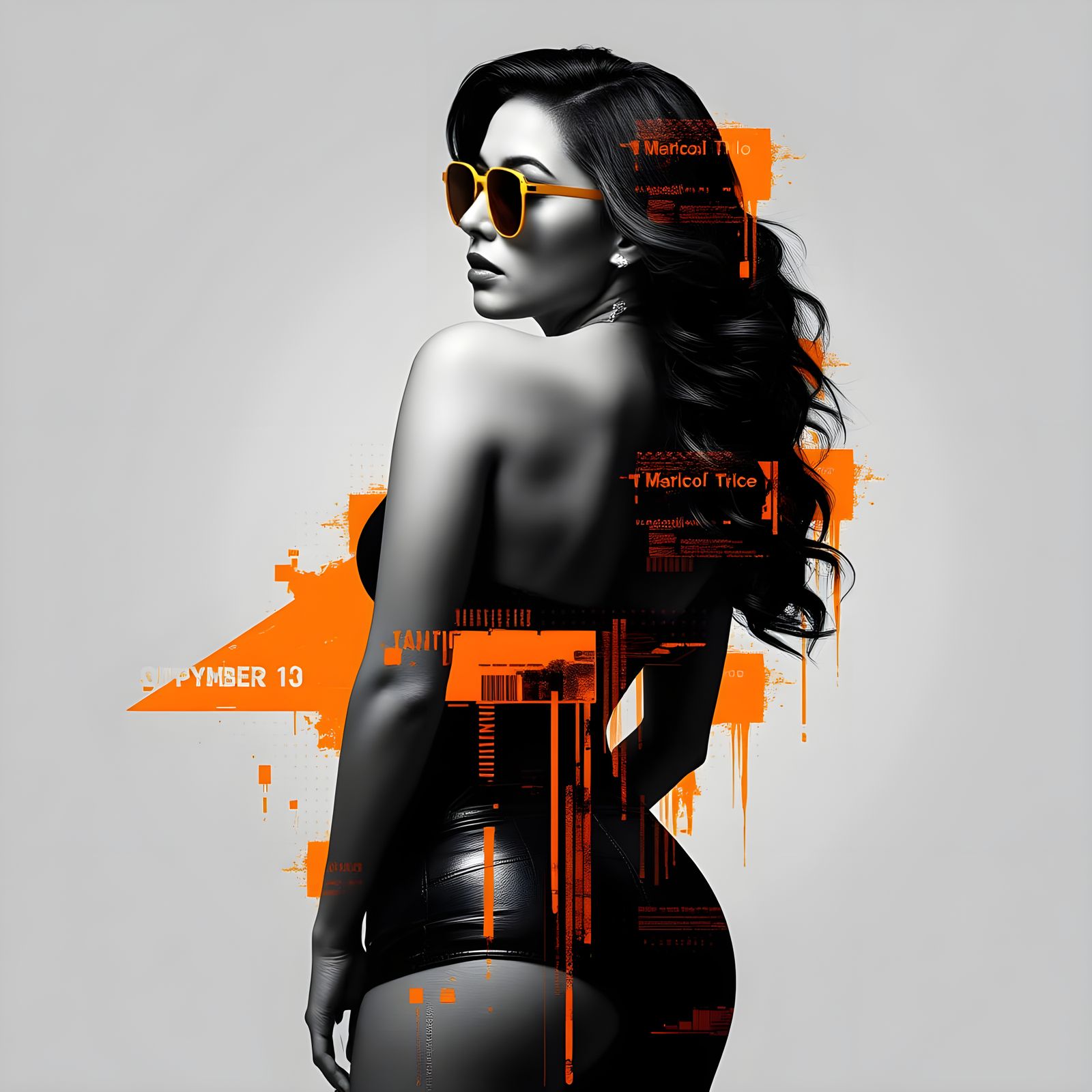 Sensual Cyberpunk Beauty with Glitch Effects and Deep Orange...