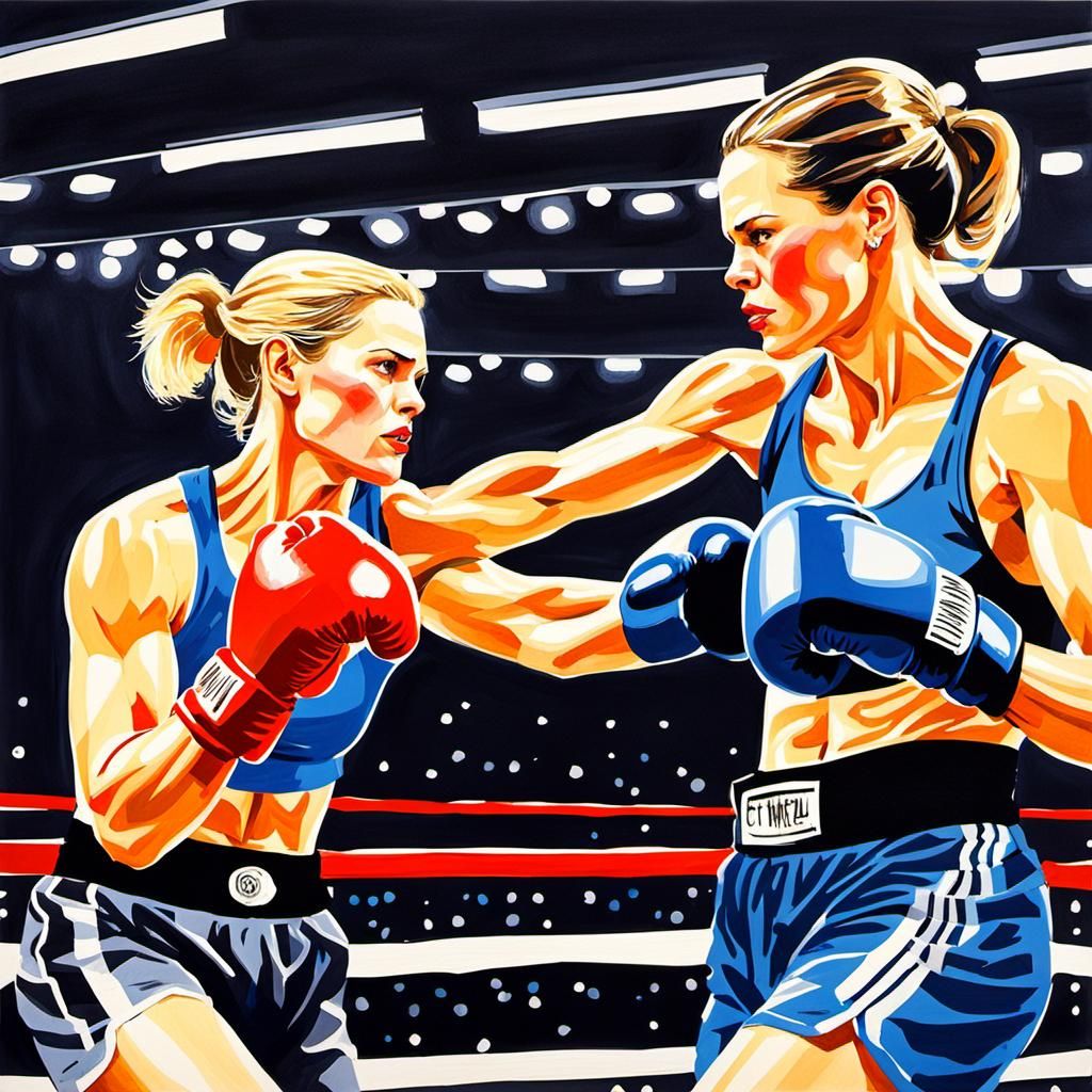 Maggie Fitzgerald (Hilary Swank) in a boxing ring landing a ...