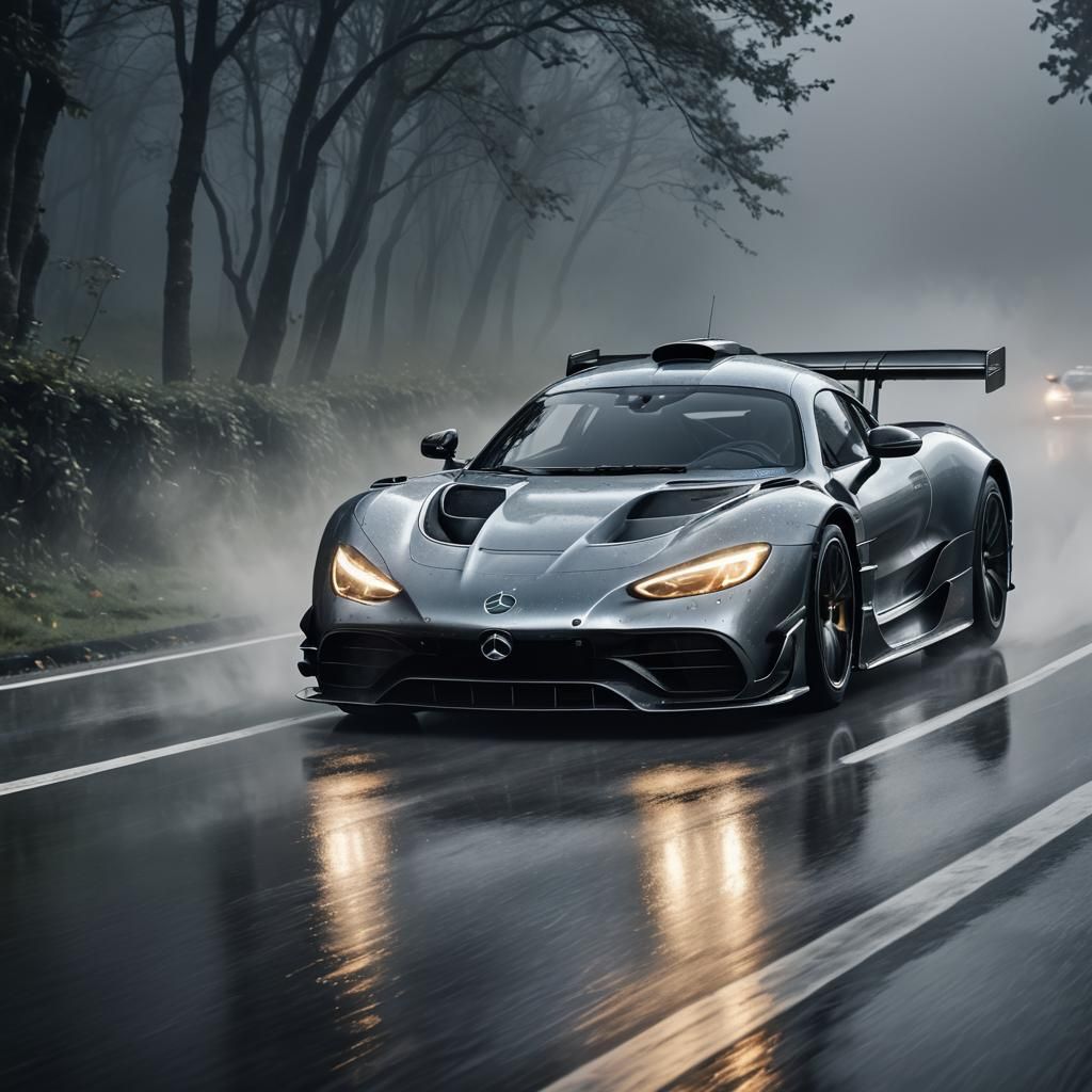 Mercedes AMG One Speeding on Misty Road in HDR