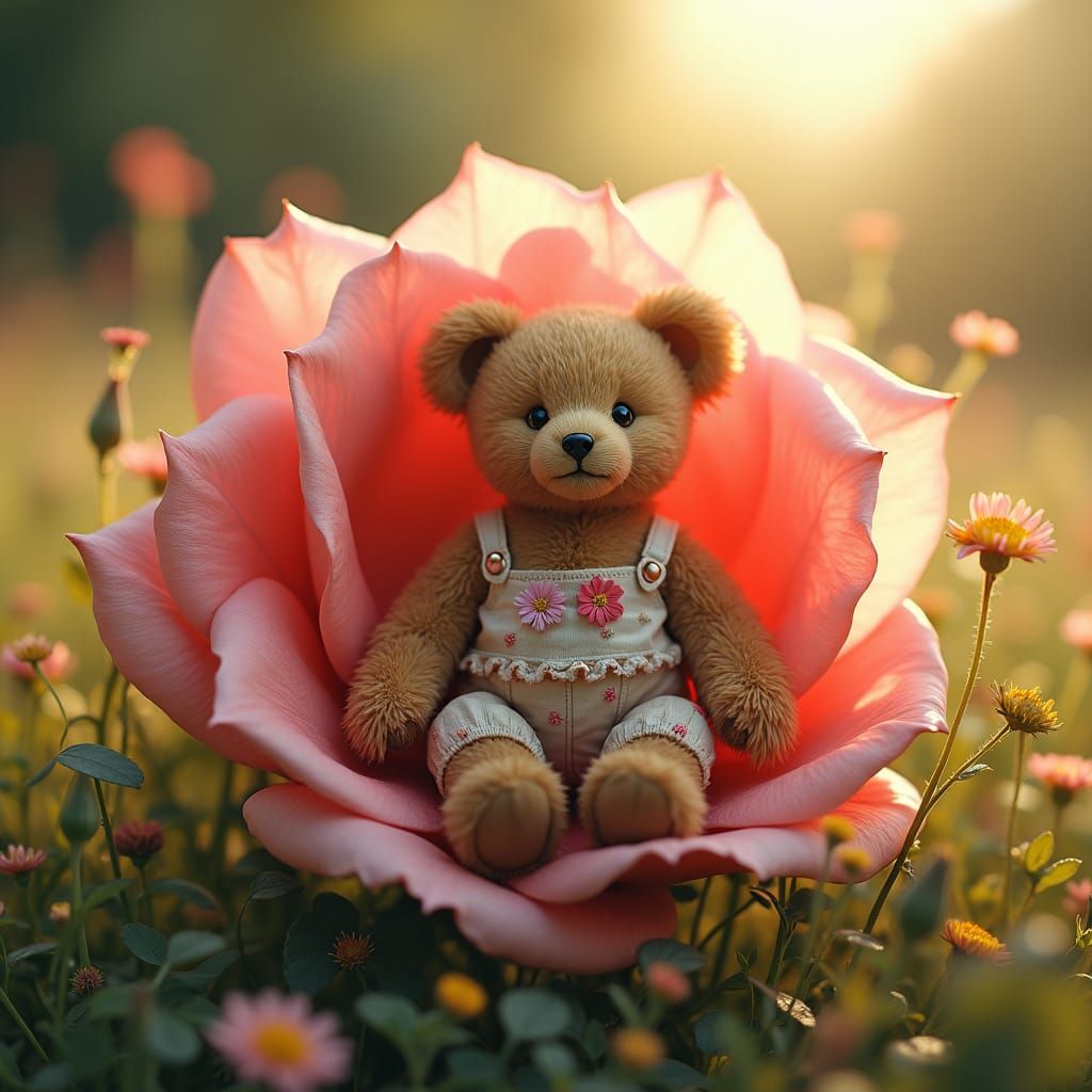 Teddy Bear in Rose, Digital Art Meadow Scene