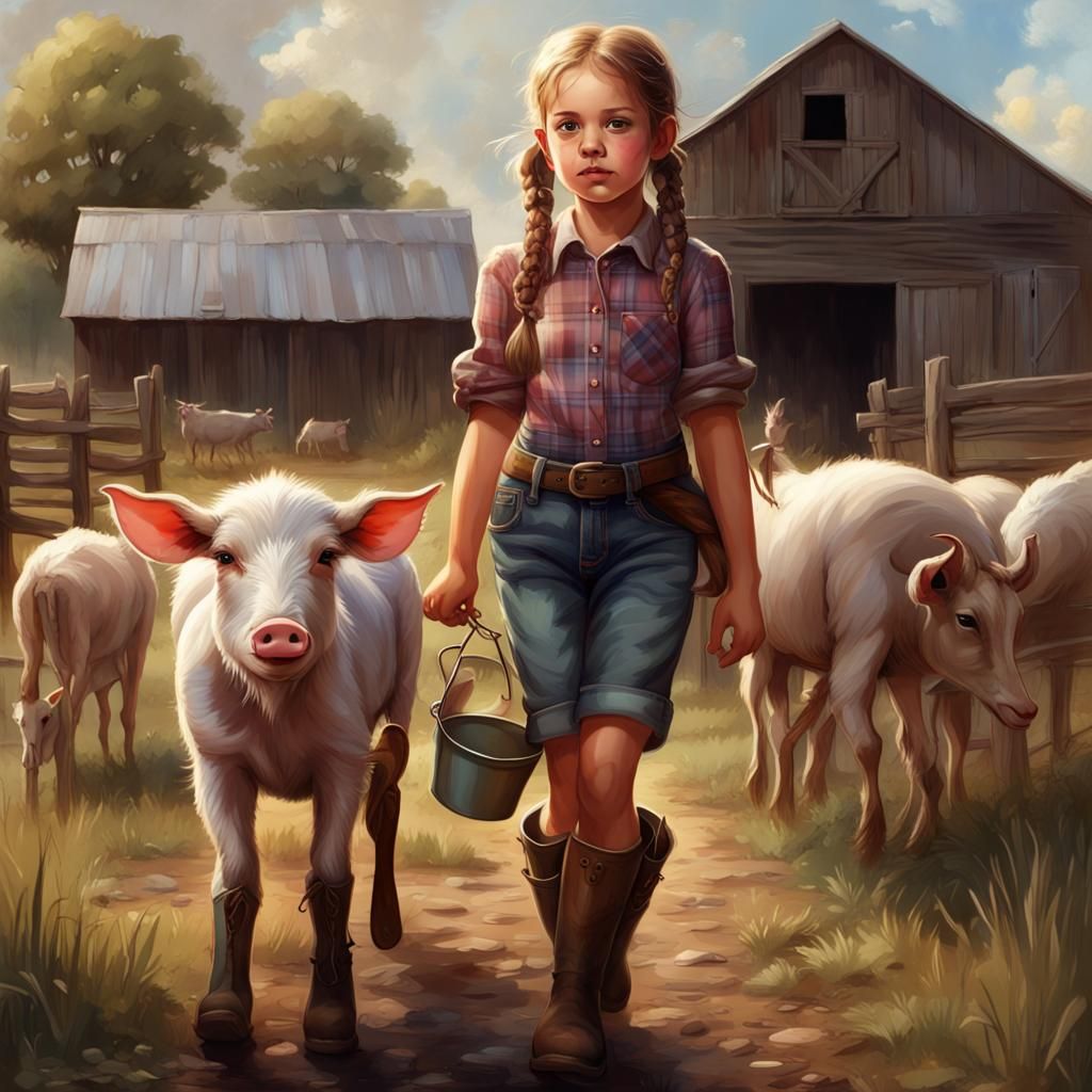 Young Girl on Farm with Animals: Fantasy Concept Art