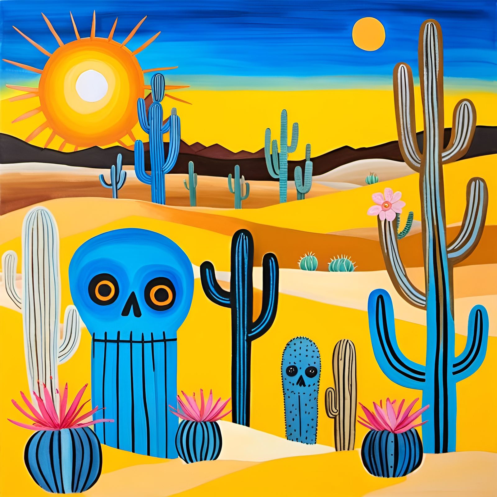 Desert Critter Skeletons Admire Sunset in Art Brut Style