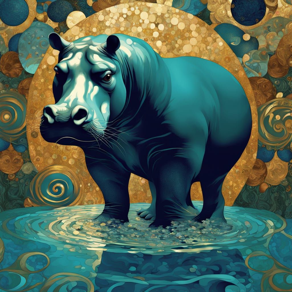 Art Nouveau Collage of Hippos in Klimt Style