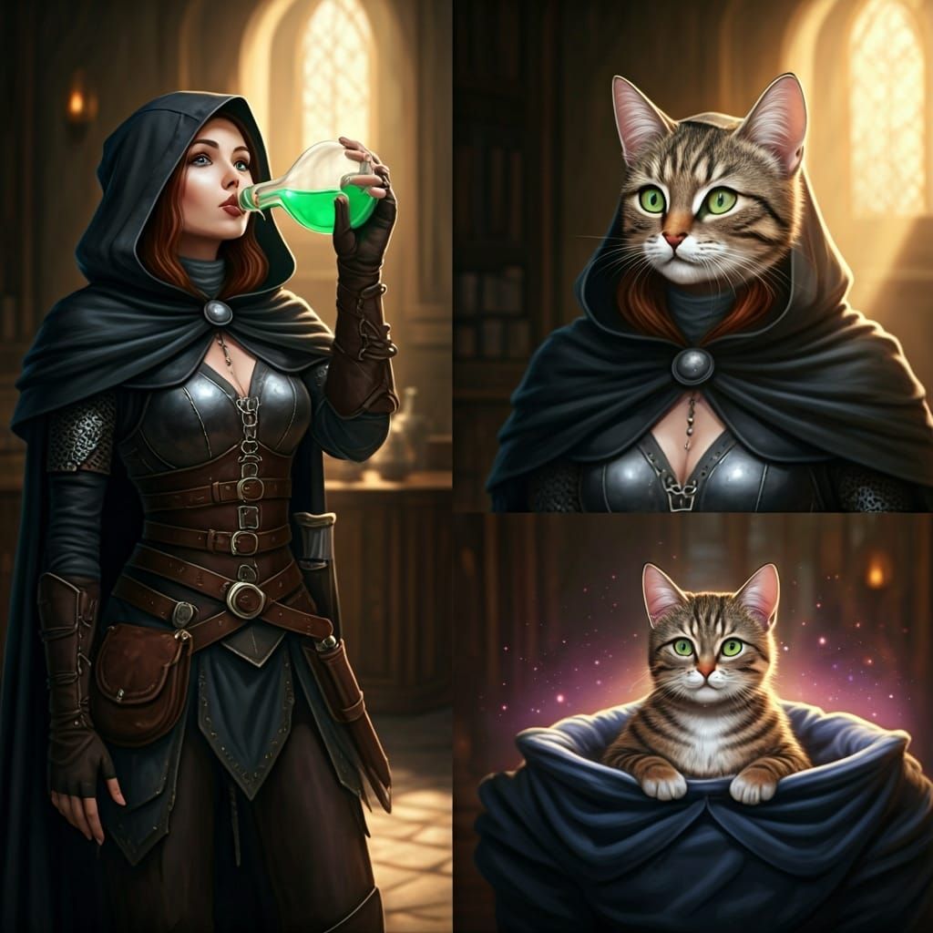 Woman Transforms into Tabby Cat via Magic Potion