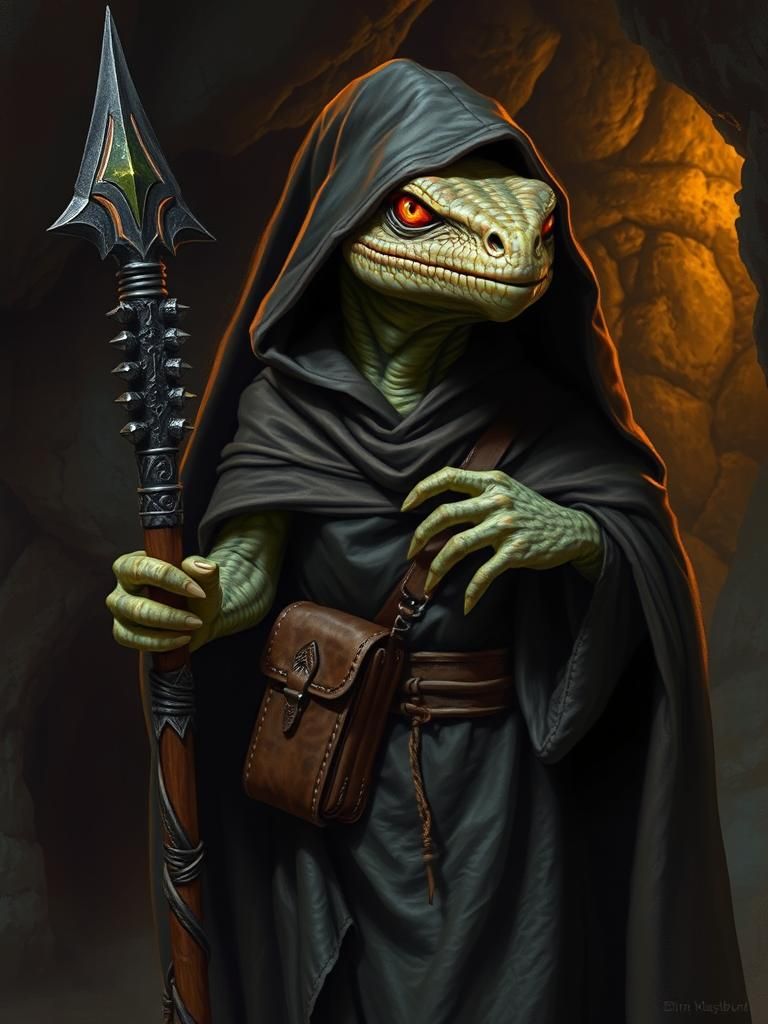Cloaked Lizard Creature in a Fantasy Cave