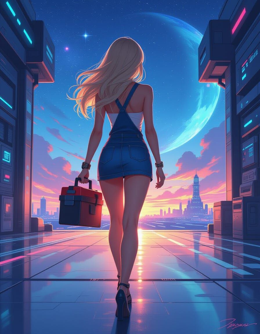 Spacecore Engineer Leaving Spaceport in Sci-Fi Glamour Style