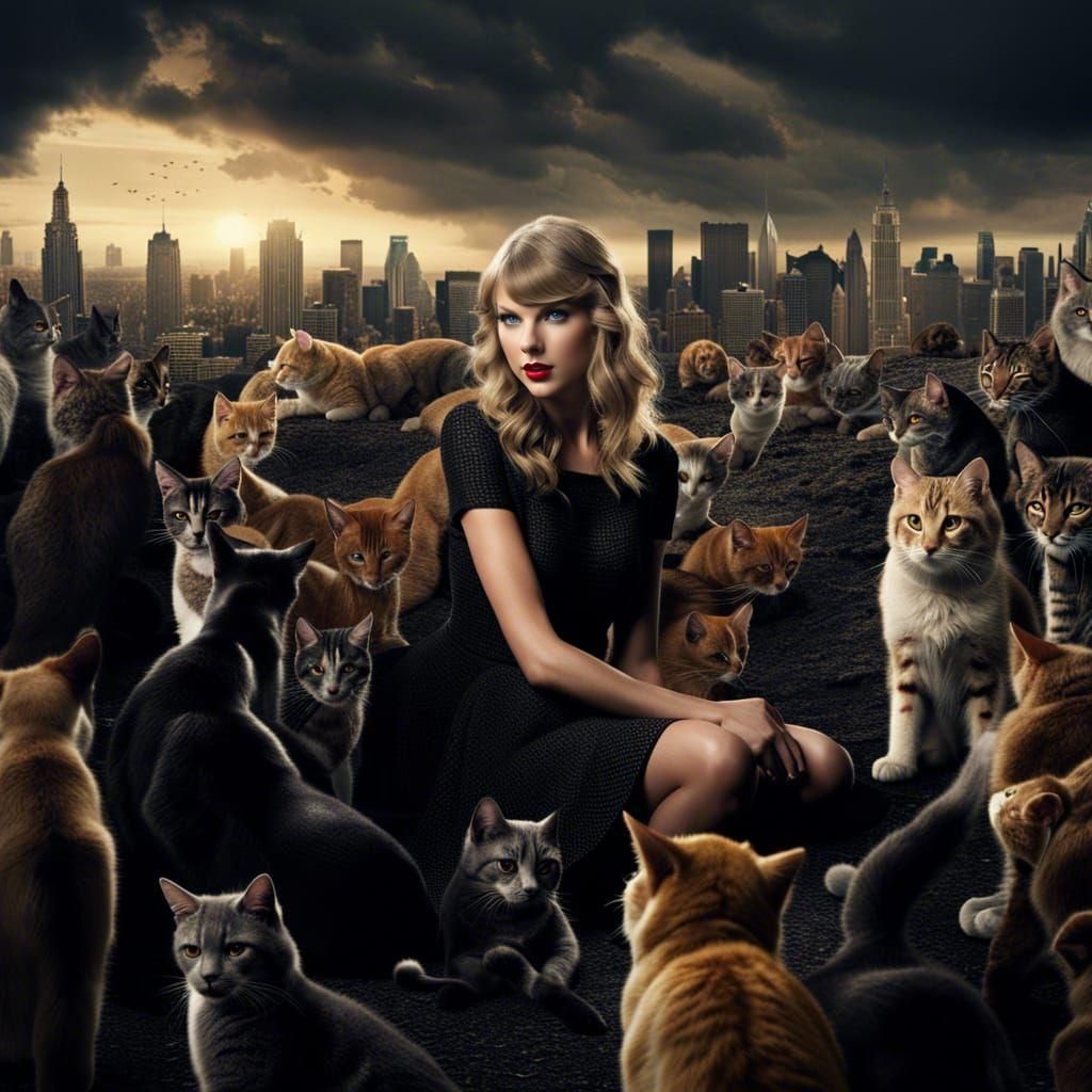 Singer Surrounded by Cats in Hyperrealistic Style
