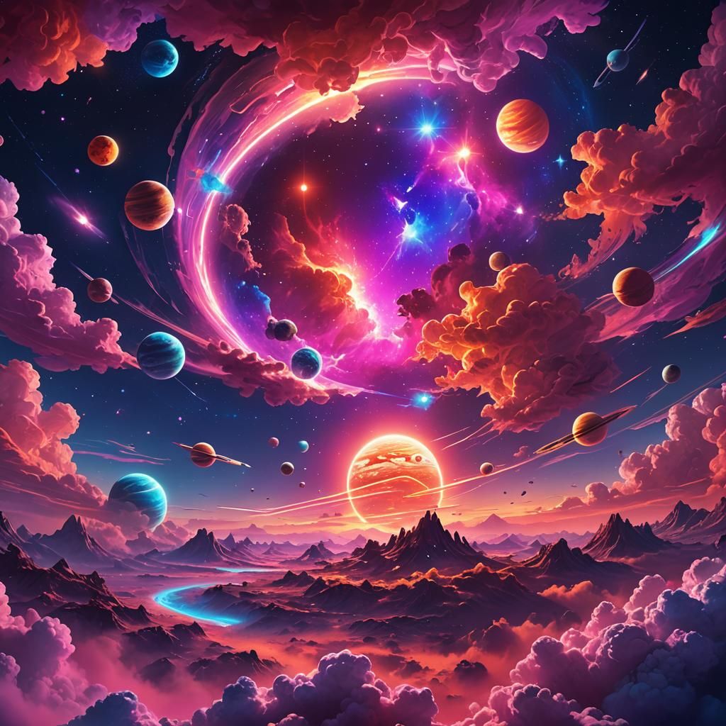 Vibrant Neon Sunset in Space, Holographic Astral Art
