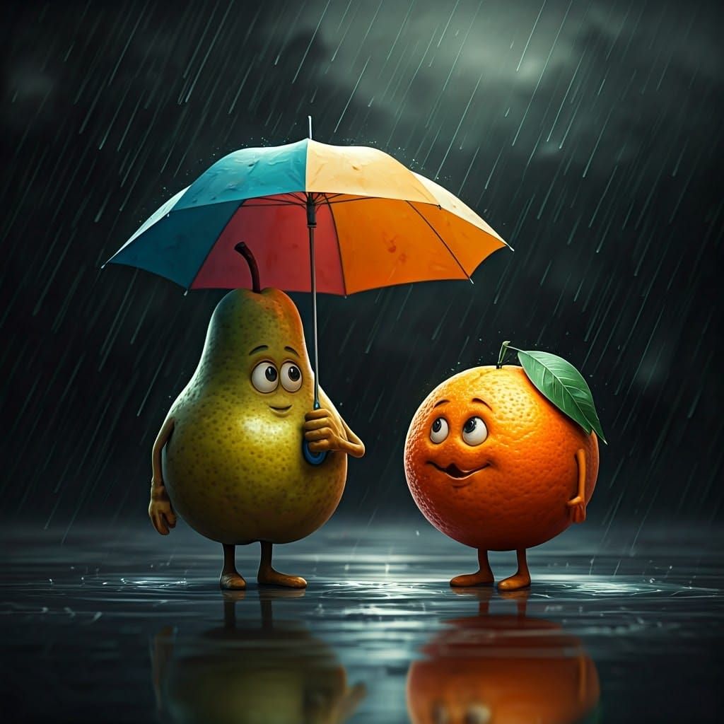 Charming Pear and Orange Share Rainy Day Conversation in Whi...