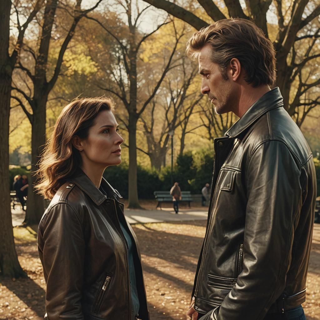 Man in Leather Jacket Talking to Woman: Cinematic Still