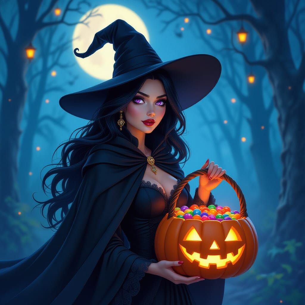 Witch with Pumpkin Basket in Mystical Forest