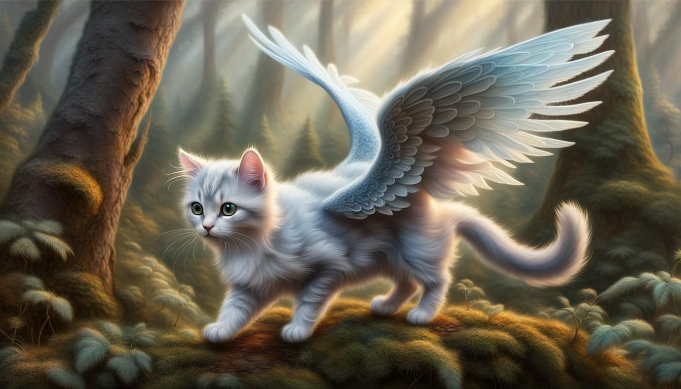 Winged Cat Flying in Mystical Forest: 3D Render