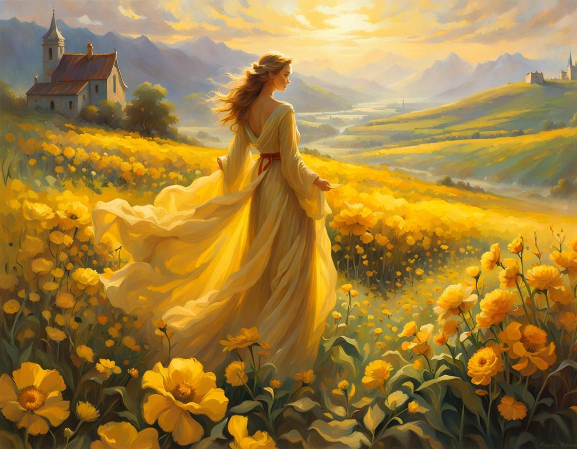 Fields of Yellow Flowers with Maiden: Ethereal Illustration