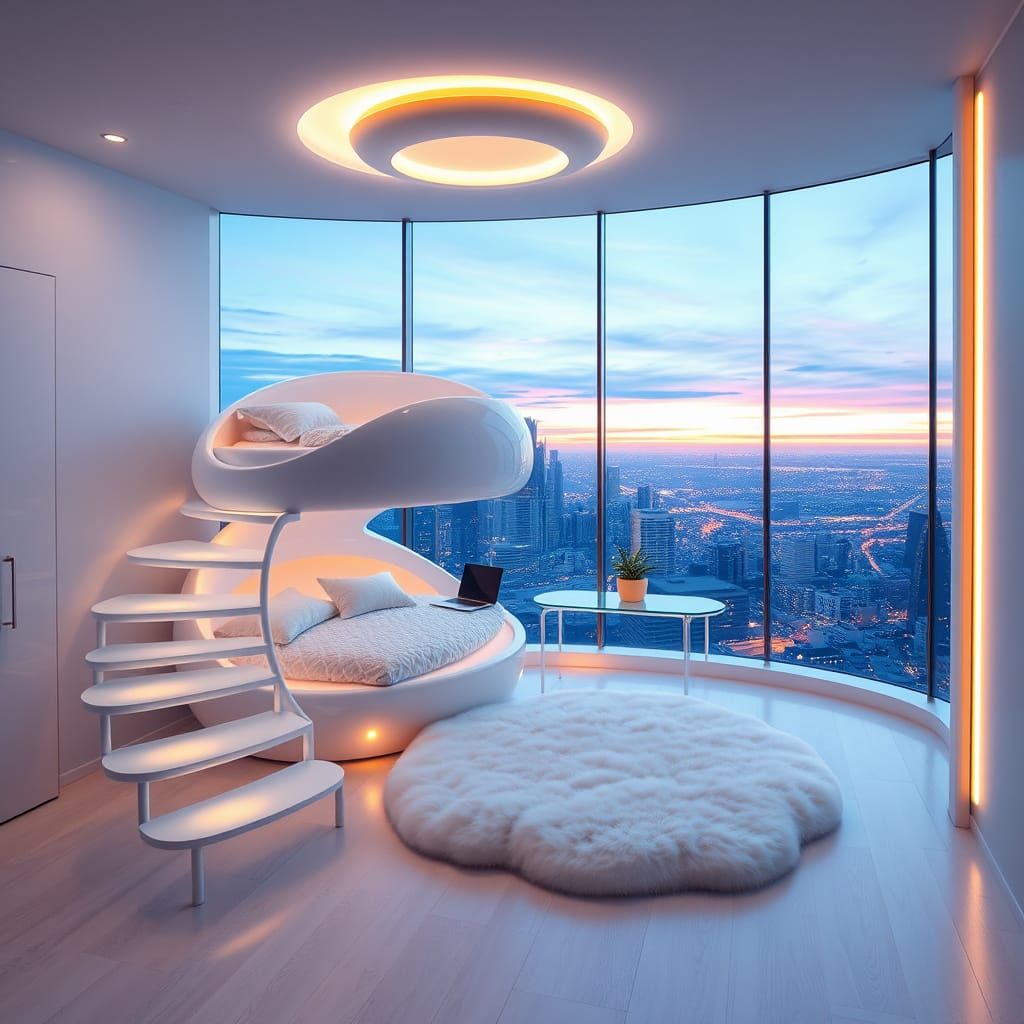 Cloud-Shaped Bunk Bed in Futuristic Sky-Themed Bedroom