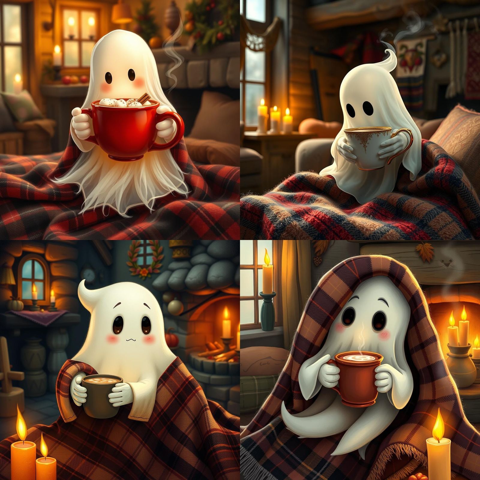 Whimsical Tartan Ghost Sipping Cocoa, Impasto Illustration