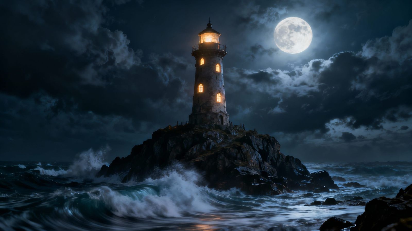 Fantasy Lighthouse on Rocky Island Under Moonlit Sky