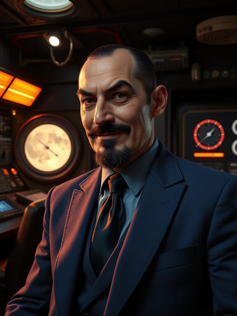 Confident Villain in Gritty Futuristic Command Center