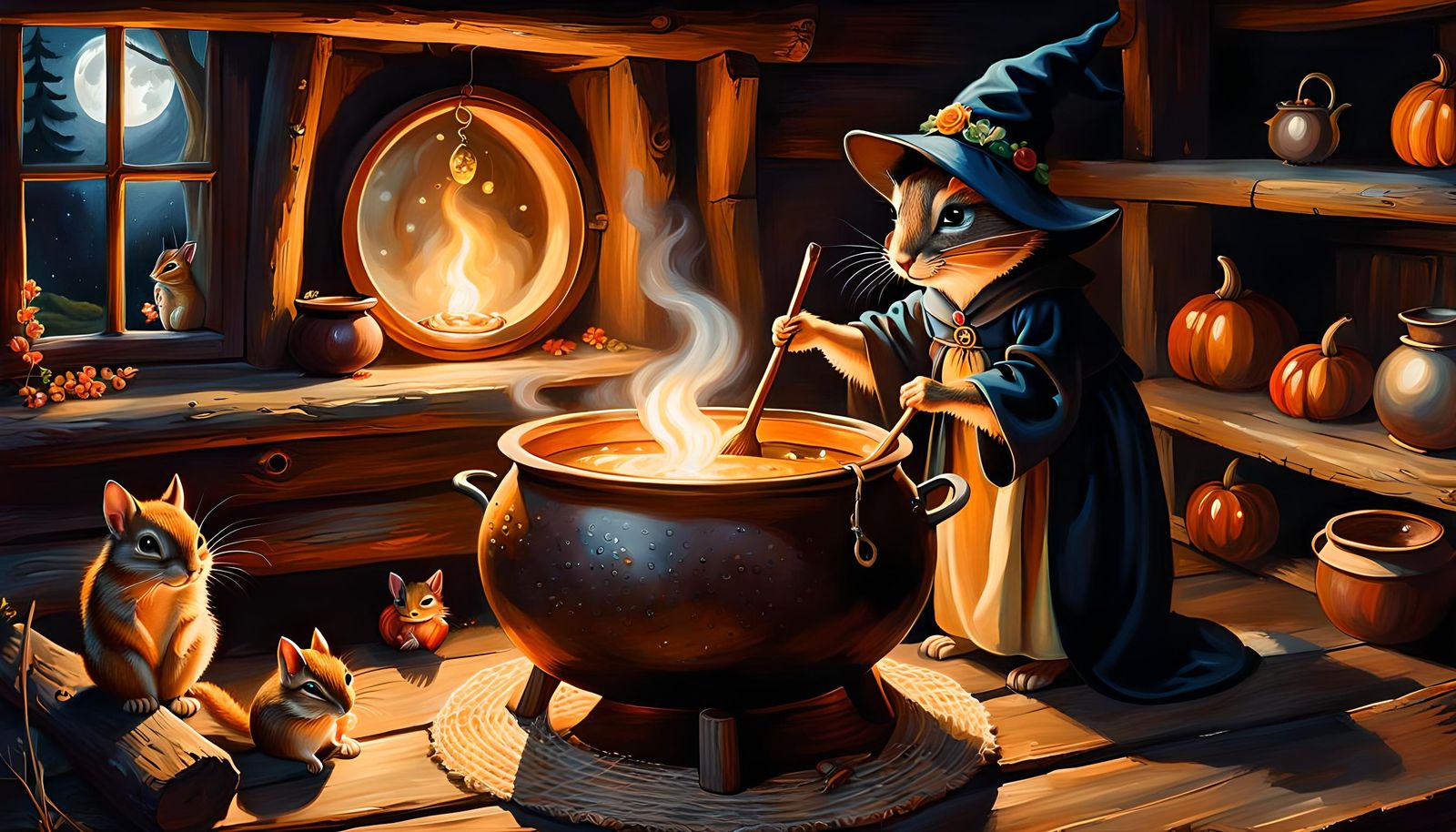 Bewitching Witch with Cauldron and Chipmunk Companion