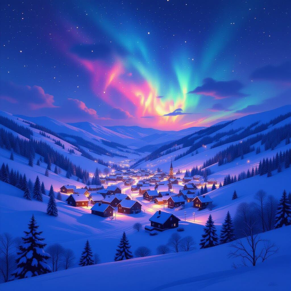 Winter Town Under Rainbow Nebula Sky