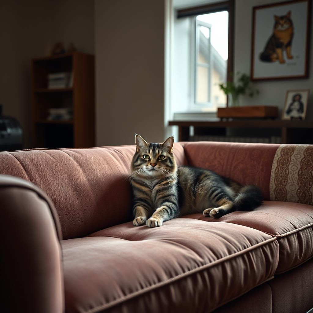 Sleek Cat at Ease on Vibrant Sofa