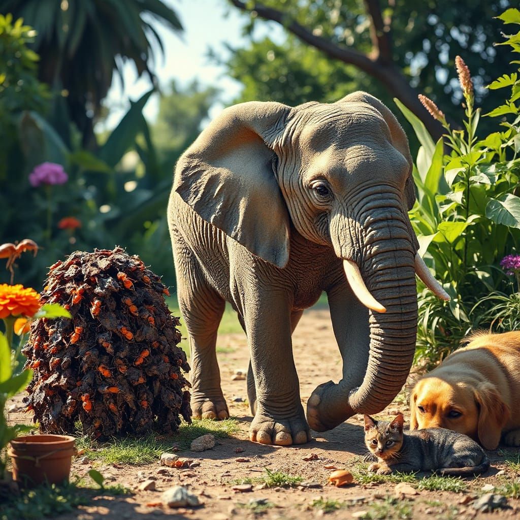 Miniature Elephant in Sun-Drenched Garden: Hyperrealistic De...