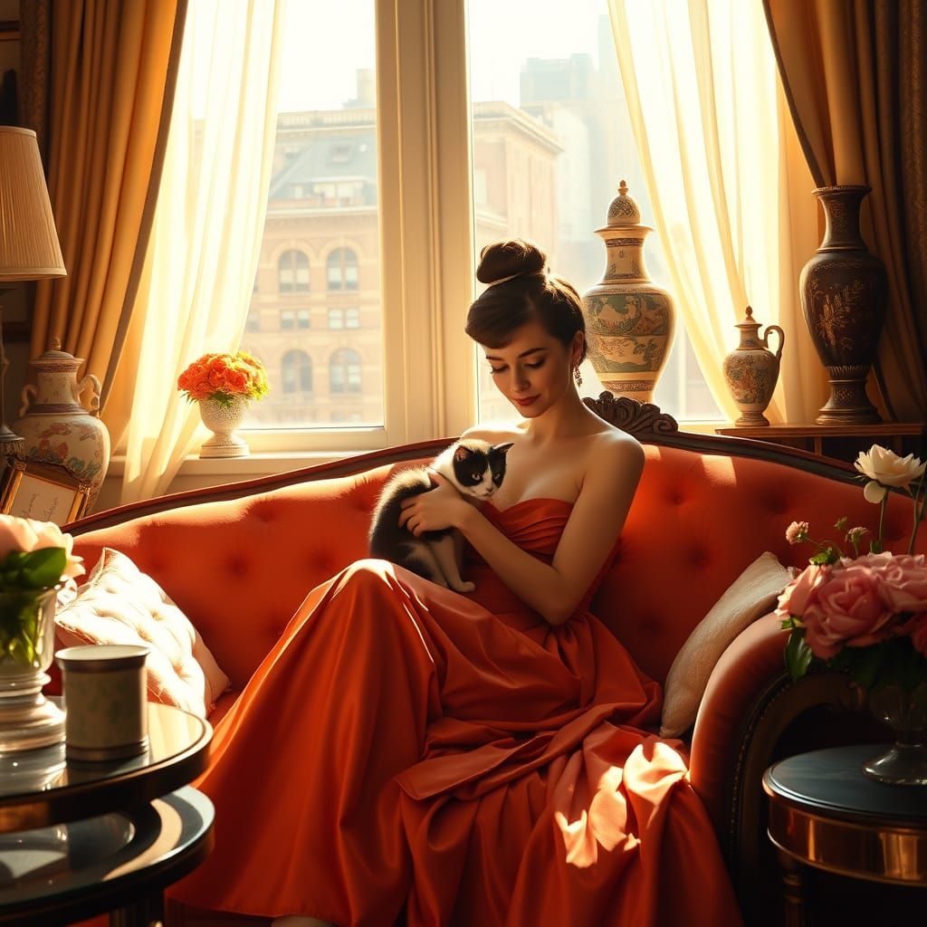 Elegant Audrey Hepburn Surrounded by Luxury and Whimsy