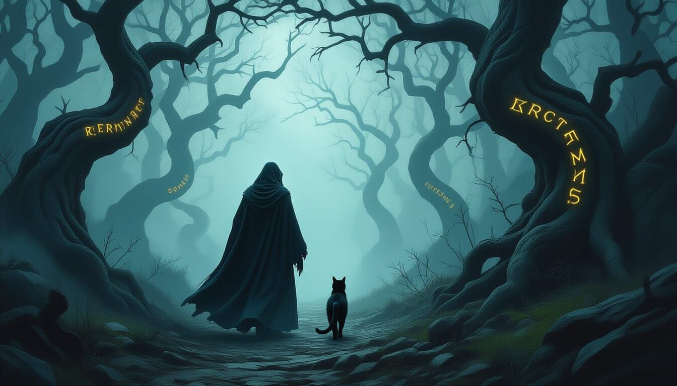 Ancient Witch and Cat in Ethereal Foggy Forest