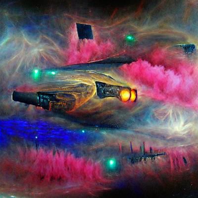 War Spaceship in Nebula: Retrofuturistic Oil Painting