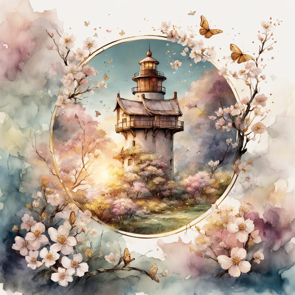 Fantasy Lighthouse in Flower Meadow