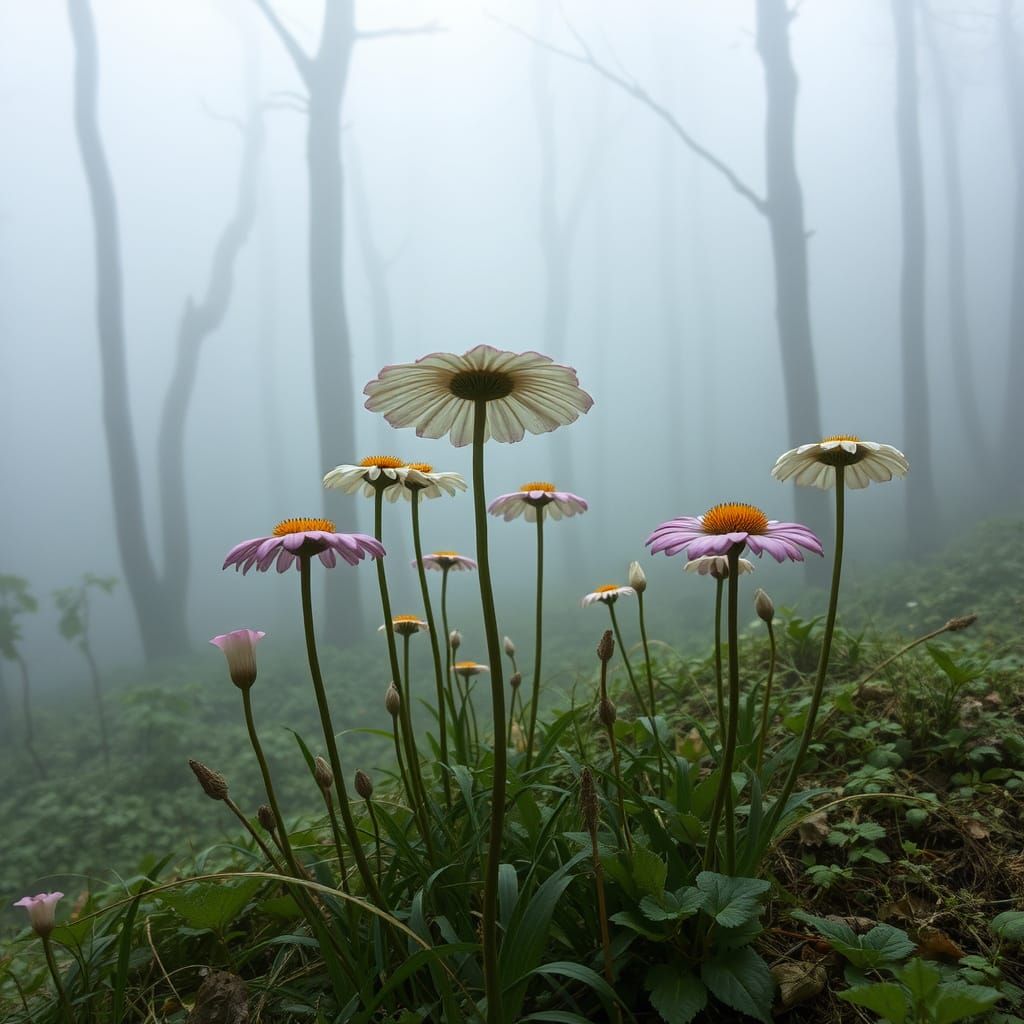 Unnatural Flowers in Misty Ancient Forest