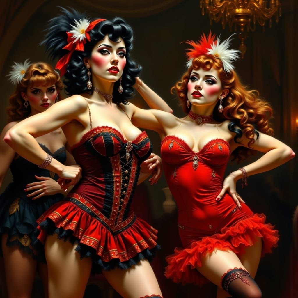 Burlesque Showgirls Perform Energetic Can-Can Dance