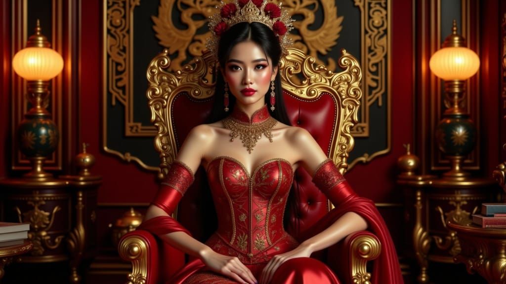 Regal Chinese Empress on Dragon Throne