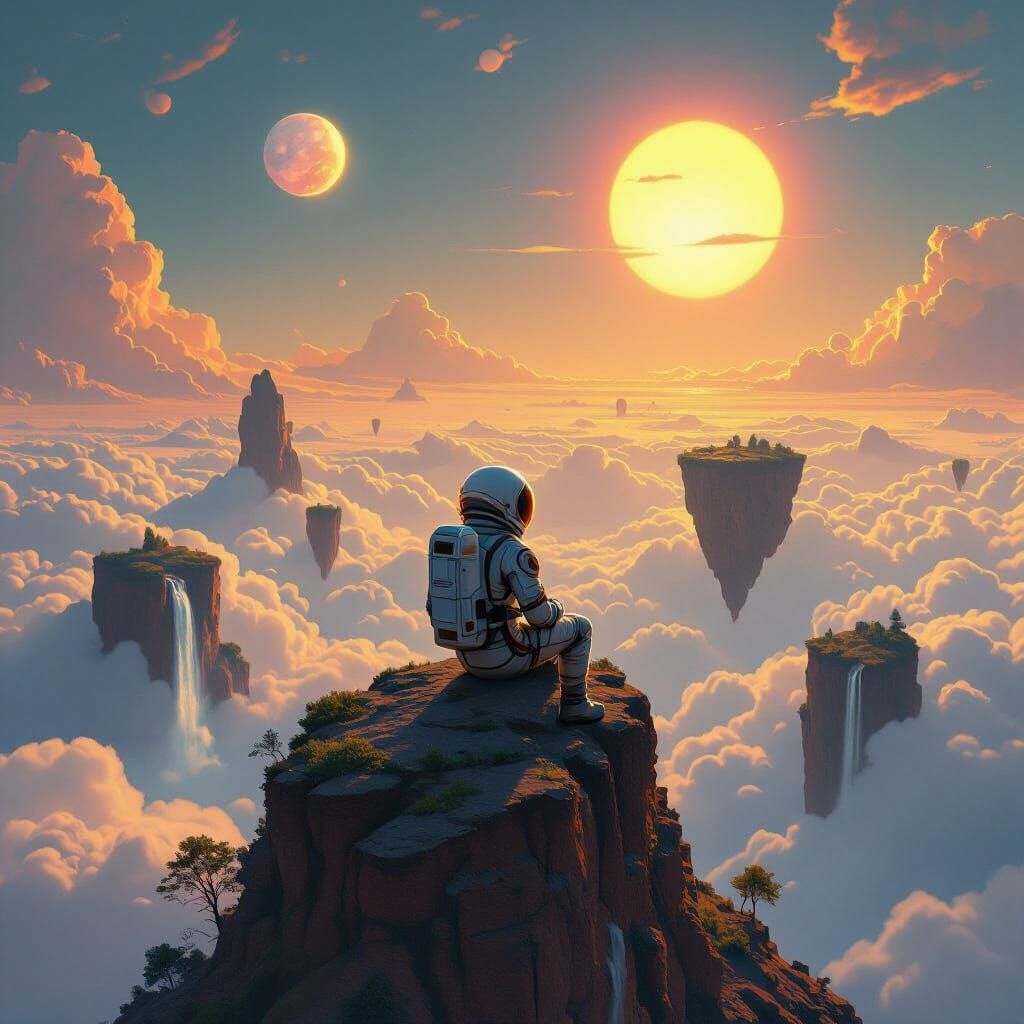 Astronaut on Alien Planet with Floating Islands