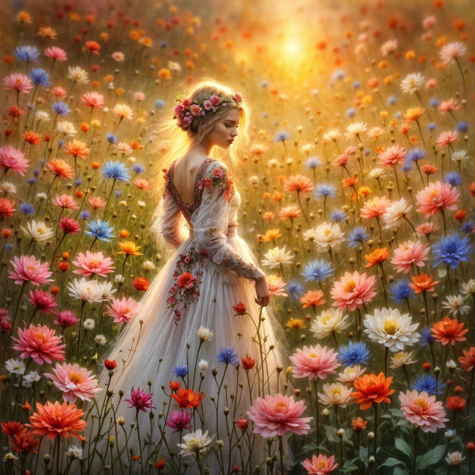 Medieval Flower Maiden in Antique Watercolor Style