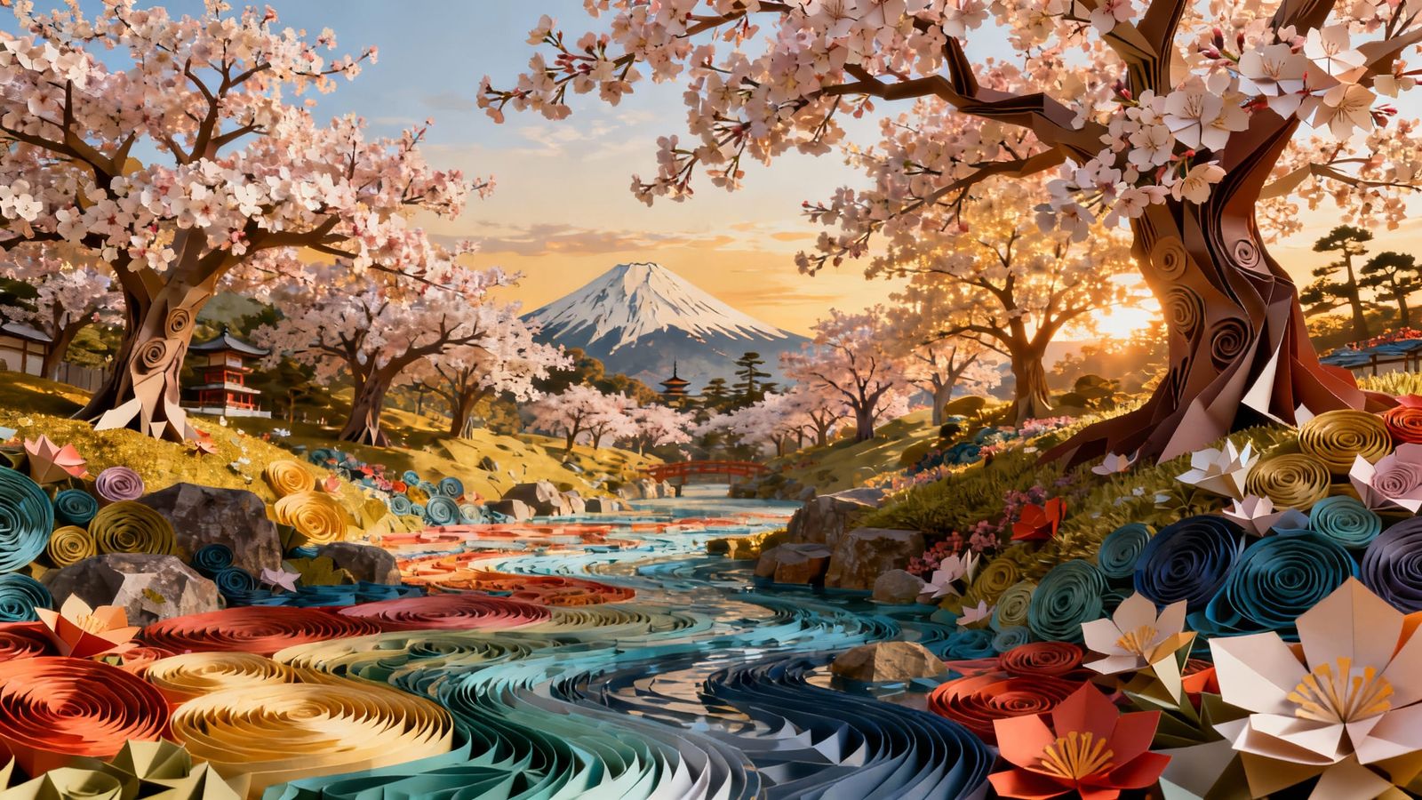 Breathtaking Origami Landscape with Blossom Trees