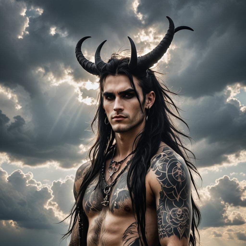 Gothic Man with Horns in Divine Light