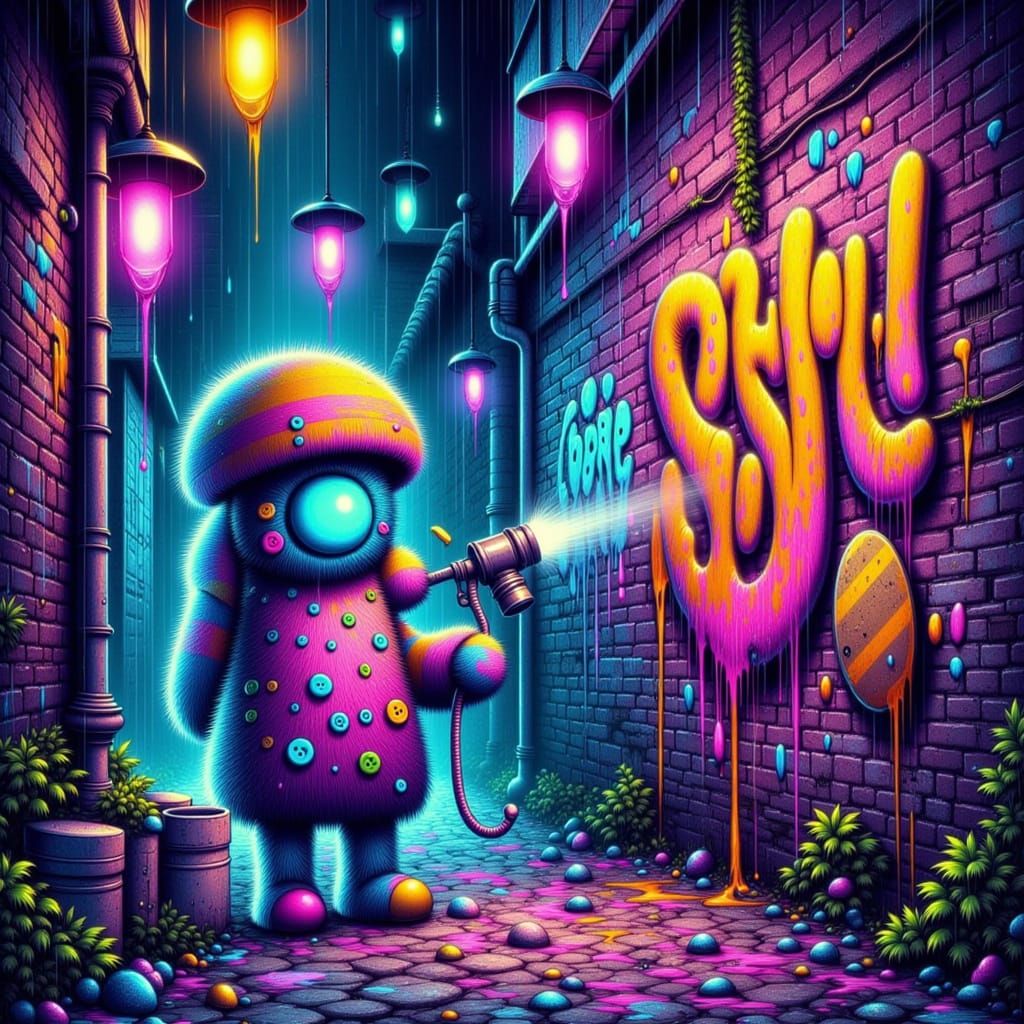 Fantastical Creature Spray-Painting Neon Graffiti in Urban A...