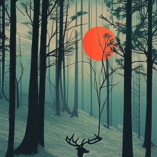 Dark Pine Forest Deer Skeleton Under Red Moon