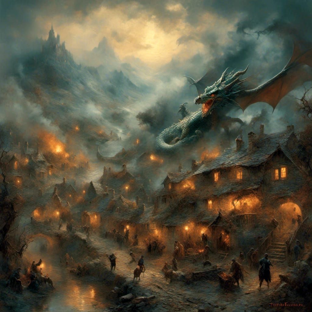 Dragon Burns Village: Ethereal Fantasy Art