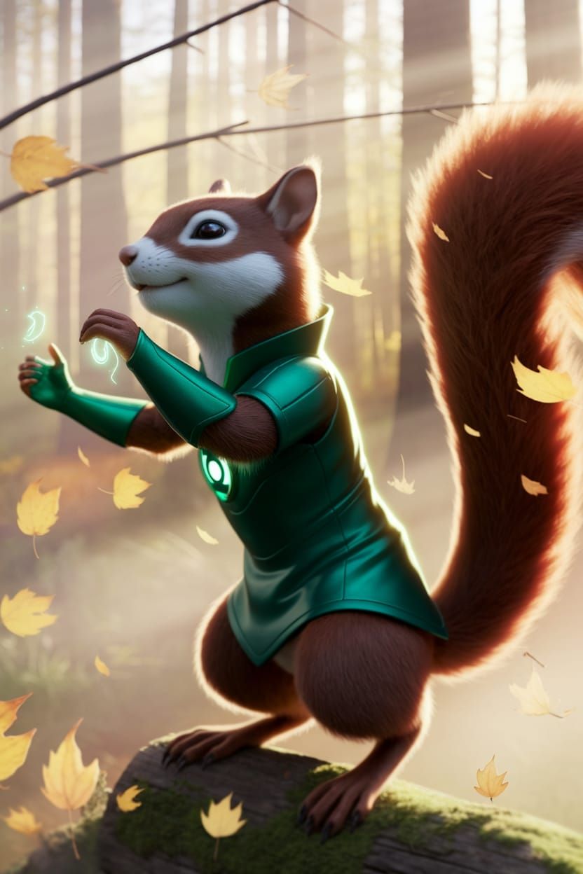 Squirrel Green Lantern in Forest, Digital Painting Style