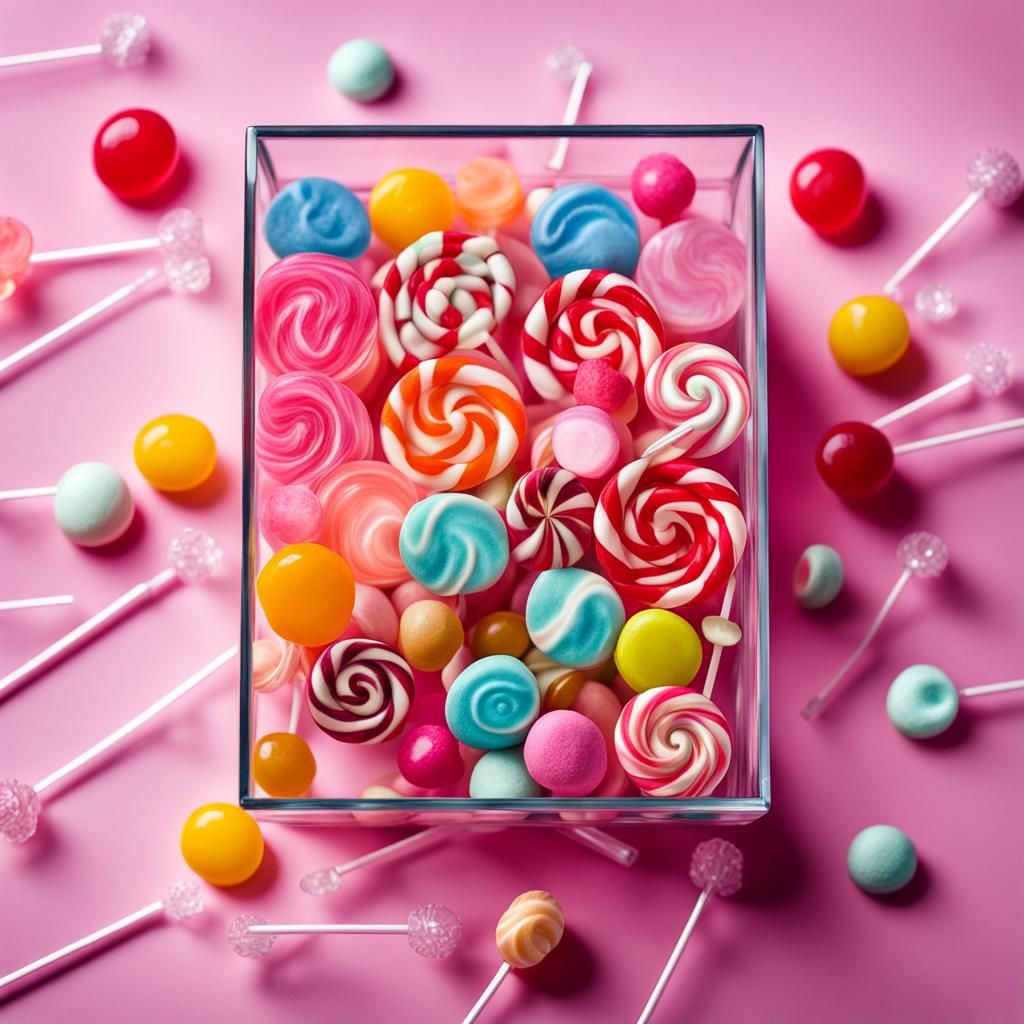 Colorful Candies in Glass Box, Hyperrealistic Style